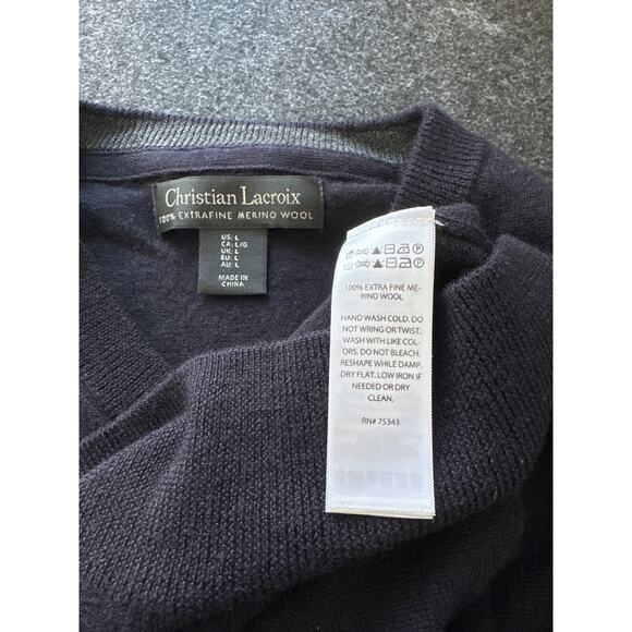 Christian Lacroix Men's 100% Fine Merino Wool Navy V-Neck Sweater, Size L, EUC - Picture 4 of 4
